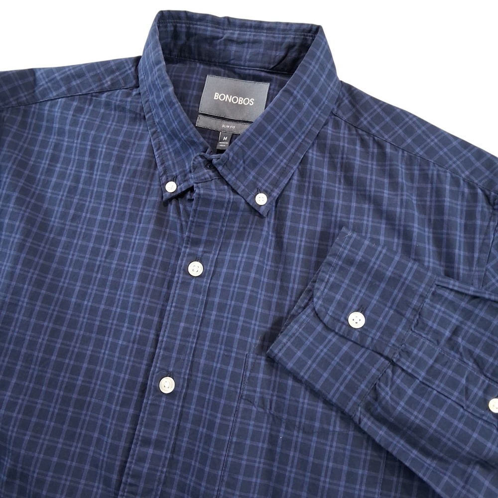 Bonobos Button Down Shirt‎ M Navy Blue Plaid Slim Fit Long Sleeve Lightweight